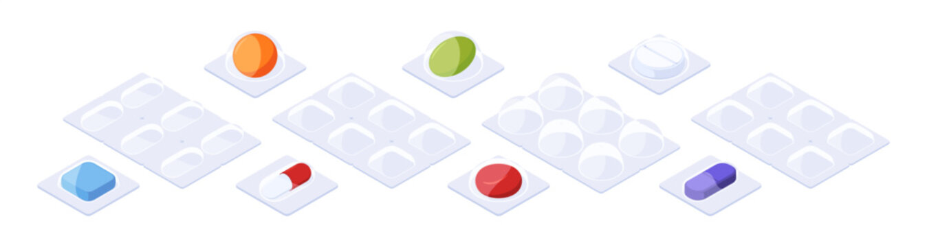 Blister packs with no tablets and single pills inside medpacks. Vector isometric pharmaceutical packaging, medicine storage and healthcare. Medical and pharmacy design, education and visualization