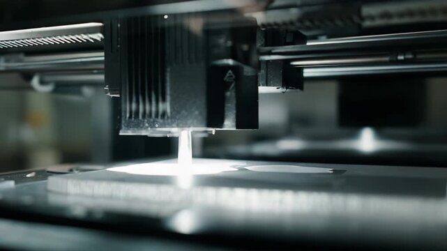 Close up of an industrial 3d printer head fusing metal layer by layer with a bright laser on a build platform, showcasing advanced, precise additive manufacturing technology