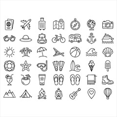 Fototapeta premium Comprehensive travel holiday vacation and leisure icons collection in hand drawn style vector illustration