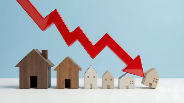 Housing Market Decline: Red Arrow Symbolizes Falling Real Estate Prices and Economy