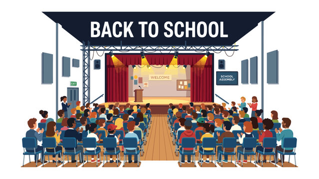 Back to School Assembly: A vibrant illustration depicts a bustling school assembly, with students and teachers gathered in an auditorium under a banner proclaiming BACK TO SCHOOL.
