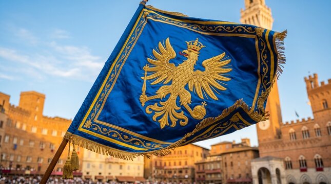 Close-up of a vibrant silk contrada flag with gold eagle embroidery waving in the clear sky during the Palio dell'Assunta festival in Siena