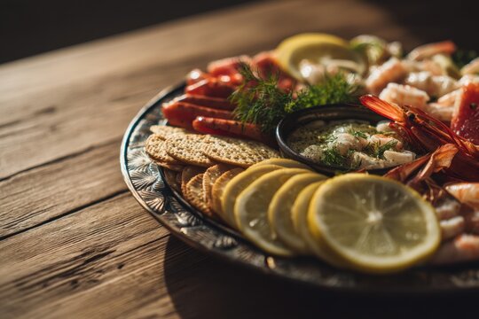 Seafood appetizer platter with shrimp, cracker, lemon and dip on rustic wooden table. Gourmet snack plate for celebration. Delicious hors d oeuvre for dinner or catering event.