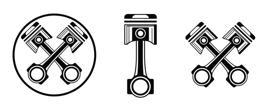 Black and white piston engine icon set featuring automotive mechanical component symbols, vector illustration for industrial machinery