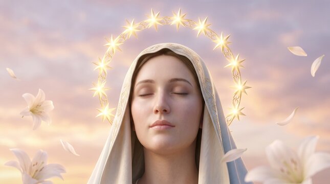 Solemnity of the Assumption of Mary Featuring a Close-up of a Glowing Halo of Twelve Stars Above the Head of the Virgin Mary, Religious Catholic Art