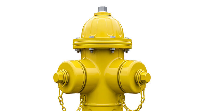 A bright yellow fire hydrant with chains stands alone outdoors