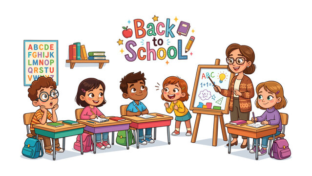 Back to School Classroom: A vibrant illustration depicts a lively classroom scene with a smiling teacher instructing a group of diverse young students.