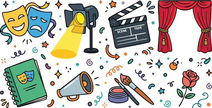 Theater and Cinema Performance Art Doodle Vector Icons Set