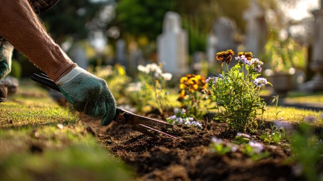 American gardener tending to colorful flowers and lush plants in a peaceful cemetery landscape during daylight