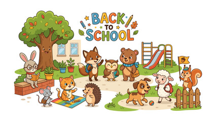 Fototapeta premium Back to School Animals Illustration: A charming collection of cartoon animals, including a rabbit, fox, bear, owl, and squirrel, are depicted getting ready for school with backpacks and books.