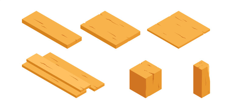 Woodworking and carpentry materials set. Vector isolated isometric wooden cube, parallelepiped and planks with texture. Forestry and lumberjack industry, construction and building timber designs
