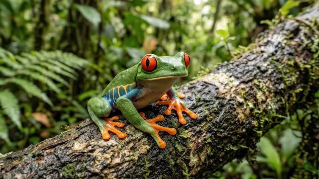 Red-eyed tree frog on a tree log, vivid rainforest wildlife portrait with bright eyes, textured bark and tropical nature atmosphere for herpetology and conservation themes, soft natural light, crisp