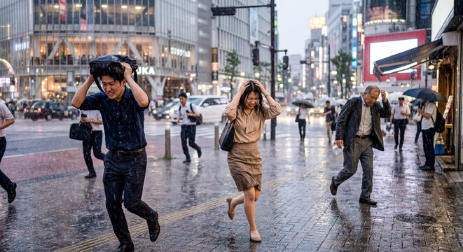 日本の都市部でゲリラ豪雨に見舞われ慌てて走る人々