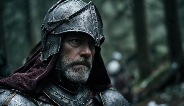 Cinematic shot of a middle-aged medieval knight wearing intricately detailed steel armor with a textured, aged surface and dark fabric underlay, in a dense forest setting