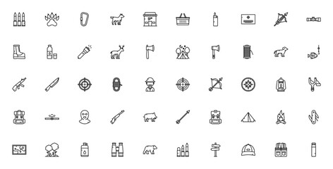 Hunting icon set. Minimalist vector icon pack. Includes symbols for cartridges, pawprint, fox, deer, gun, knife, target, bow, compass, backpack, map, forest, bear and more. Editable vector stroke. © wang