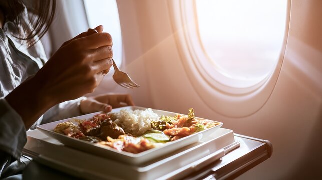 Passenger eating a meal on an airplane, using a fork to enjoy airline food from a tray table by a sunny cabin window