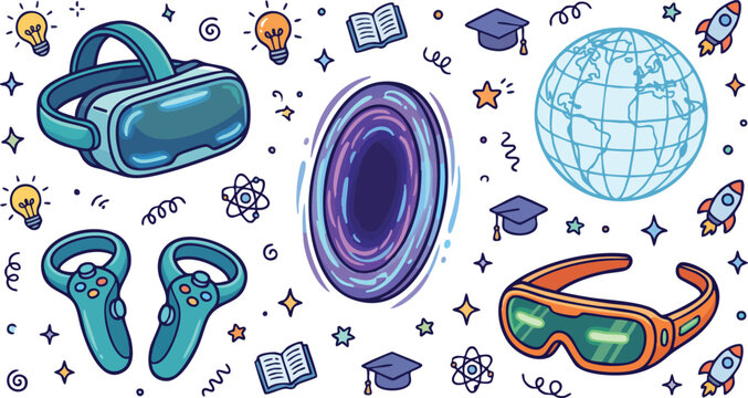 Futuristic Virtual Reality and Education Tech Doodle Icons Set