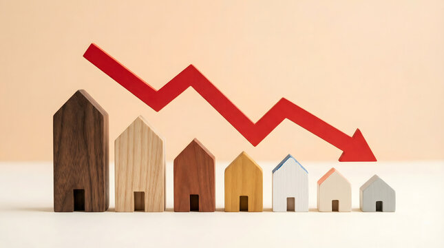 Real Estate Market Decline: Miniature Houses and Downward Red Arrow