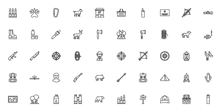 Hunting icon set. Minimalist vector icon pack. Includes symbols for cartridges, pawprint, fox, deer, gun, knife, target, bow, compass, backpack, map, forest, bear and more. Editable vector stroke.