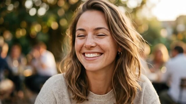 Happy woman portrait with candid smile and natural charm, emotionally warm lifestyle close-up designed for strong Adobe Stock search performance, clean expressive face, relatable beauty and authentic