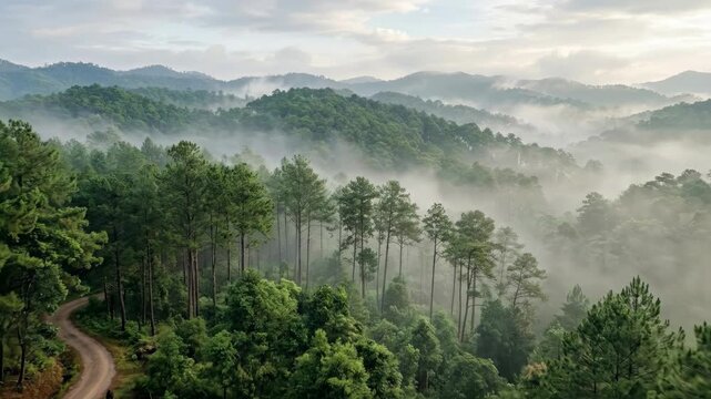 Evergreen forest nature landscape background of green canopy pine tree forest with fog in morning at Doi Bo Luang Forest Park Chiang Mai Thailand, travel, destination and lifestyle theme, premium