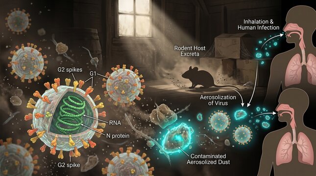 The left side showcases a detailed, cross-sectional structural diagram of the virus, highlighting components like G1 and G2 spikes, RNA, and N protein.