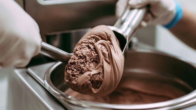 Hand in gloves scooping rich chocolate ice cream mix from a stainless steel container, showing delicious texture