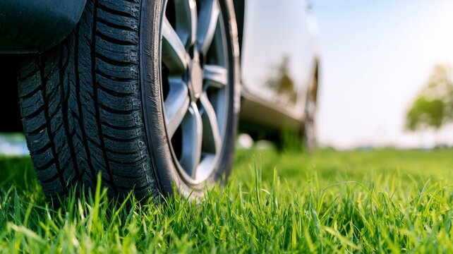 Car wheel and tire standing on vibrant green grass under clear sky, showing rubber tread and metallic rim detail
