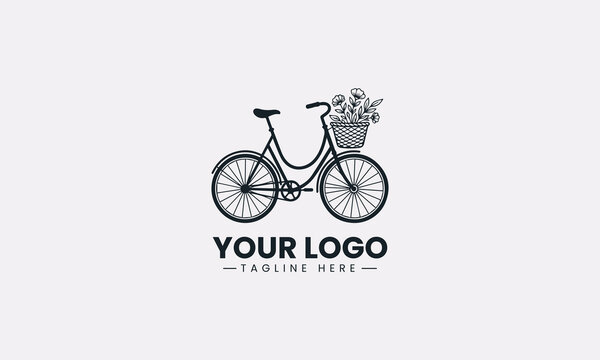 A vintage bicycle with a floral basket is illustrated in minimalist black vector logo design