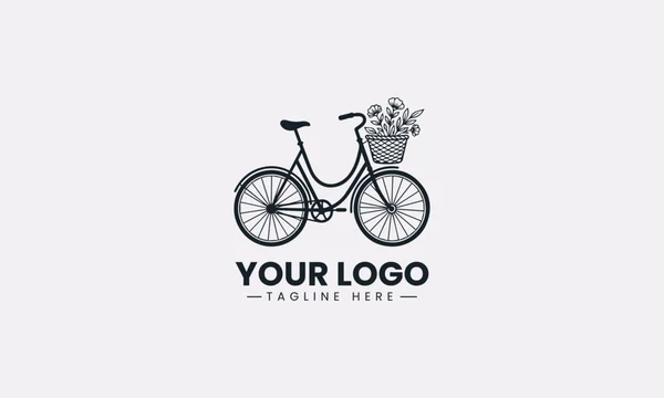A vintage bicycle with a floral basket is illustrated in minimalist black vector logo design