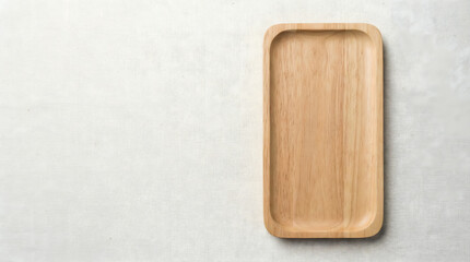 Fototapeta premium Empty Rectangular Wooden Tray on Light Textured Background, Minimalist Copy Space