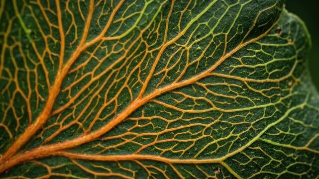 Green and orange veins abstract texture, organic natural pattern concept for botanical design, wellness branding, science backgrounds and creative visuals, vivid color contrast, flowing structure,
