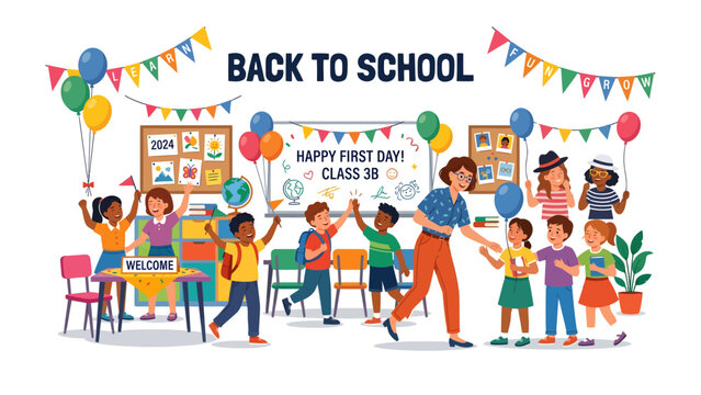 Back to School Celebration: A vibrant illustration depicting a classroom buzzing with excitement on the first day of school.