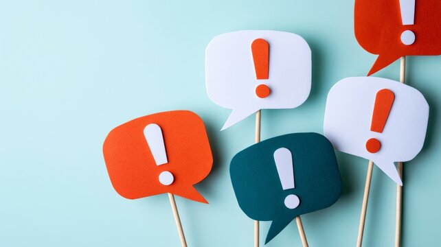 Paper cutout style speech bubbles featuring exclamation marks, conveying important messages, urgent alerts, and notifications on a blue background