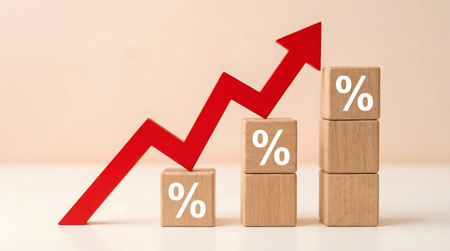 Rising Percentage Graph with Wooden Blocks and Red Arrow