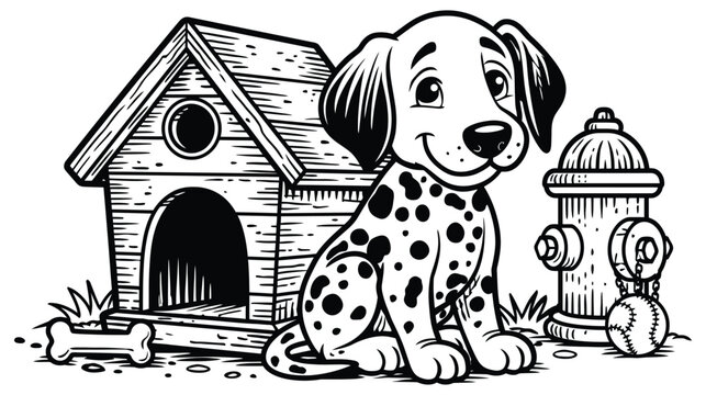 Dalmatian puppy sitting by doghouse and fire hydrant with bone and ball
