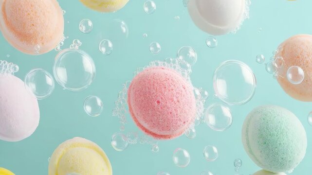 Bath bombs in various colors float and fizz in water. Bubbles rise around them as they dissolve, adding movement and color to the setting. This activity takes place indoors