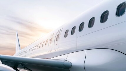 Fototapeta premium Commercial airplane fuselage with windows and emergency exit doors against a pale sky, symbolizing travel and aviation