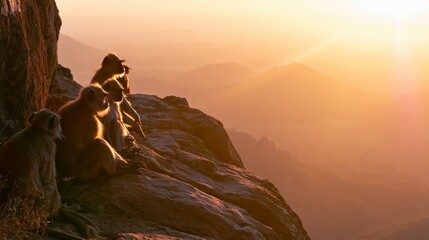 Naklejka premium Monkeys sitting on a rocky cliff edge, observing vast mountain landscape at sunset, warm golden light