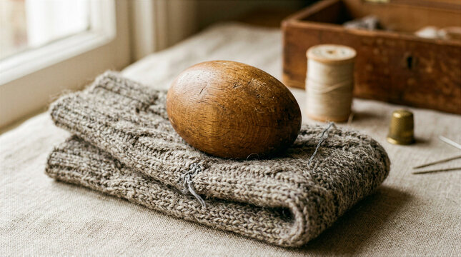 Vintage Wooden Darning Egg on Hand Knitted Woolen Sock with Mending Supplies