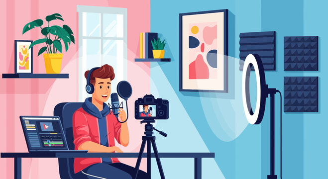 Young man vlogging at home studio with ring light, camera, and laptop