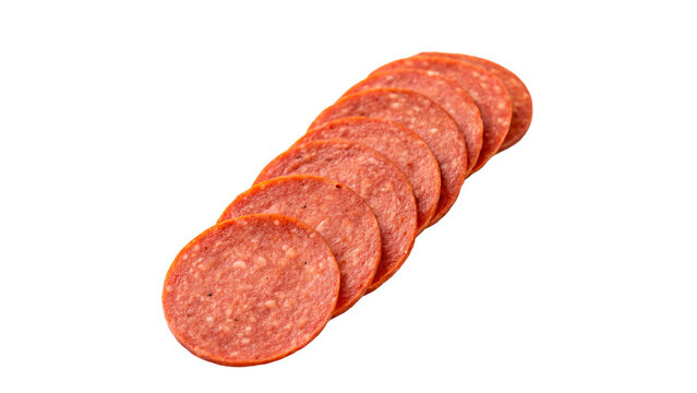 Slices of traditional red smoked pepperoni salami sausage isolated on transparent background