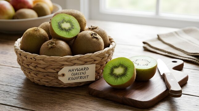 A basket of fresh hayward green kiwifruit on a rustic wooden table