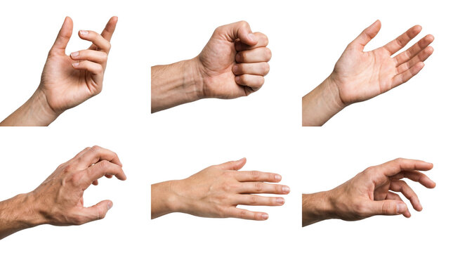 Collection of diverse male hand gestures and poses, isolated on a clean transparent background for design elements.