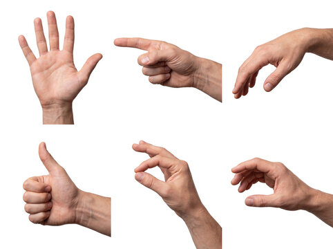 Comprehensive set of diverse male hand gestures and positions, conveying communication and interaction.