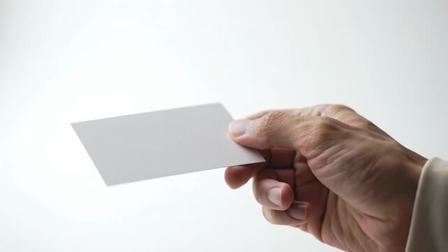 A well-groomed, gender-neutral hand with minimalist cuff gently holds a pristine blank white rectangular matte PVC card, rotating it against a seamless white studio background with soft bokeh.