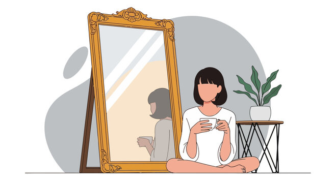 Young woman meditating with coffee cup in front of ornate mirror, self-reflection concept