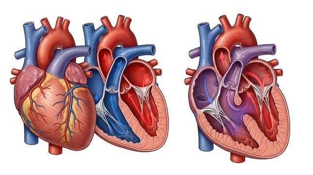 Anatomy of the human heart showing blood flow
