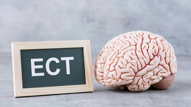 Chalkboard with ECT standing next to a detailed human brain model, representing mental health treatment and neurology