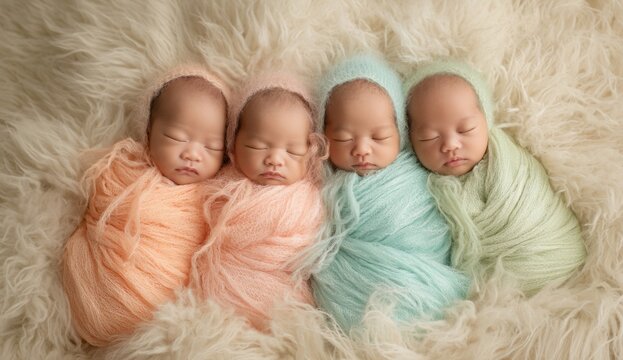 Four newborn babies peacefully sleeping side by side on a soft fluffy surface, wrapped in pastel-colored knitted blankets